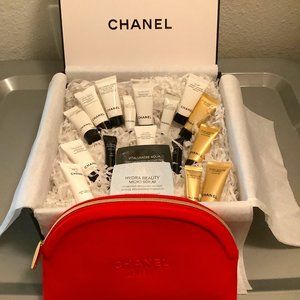 CHANEL Skincare & Mascara Sample Size 19 Pc Bundle with Red Cosmetic Bag & Box